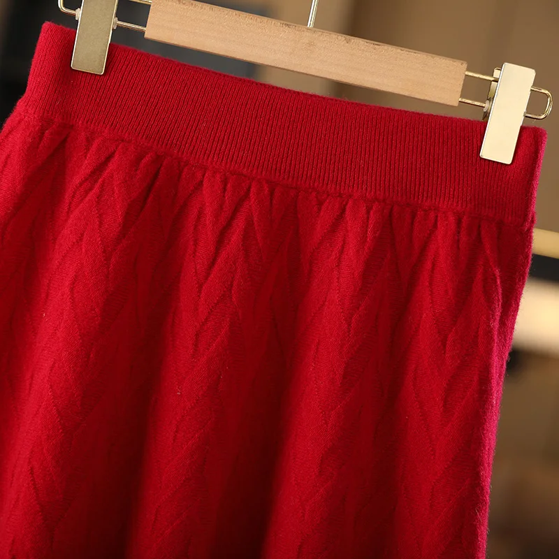 

Quality Women's Herringbone Skirt 100% Merino Wool Knitwear Exquisite Chic Autumn Winter Warm Soft Elastic Waist Solid