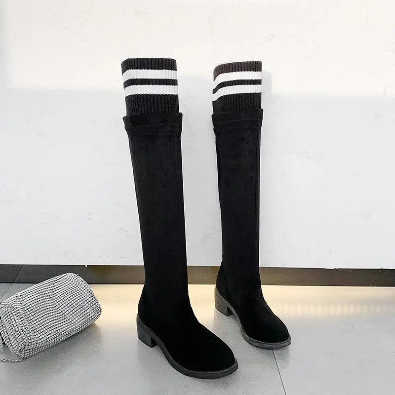 Knee Thigh High New In Women\'s Sock Boots Hot Padded Long Shoes for Women Winter 2024 Elastic Black on Promotion with Low Heels