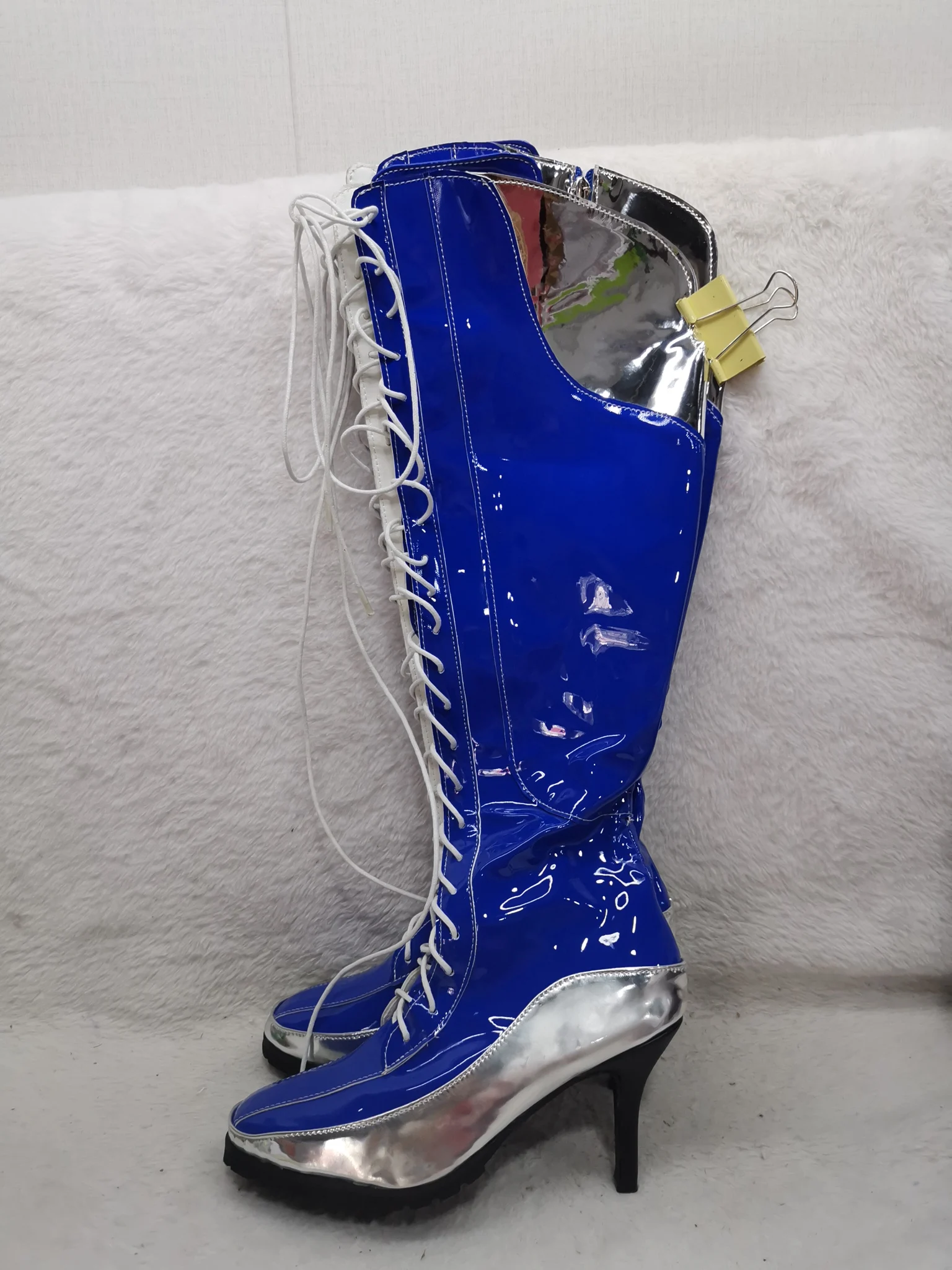 

Blue Cross Tied Patchwork Fashion Boots 2025 New Style Pointed Toe Stiletto Zipper Closure Women Mixed Colors Knee High Boots