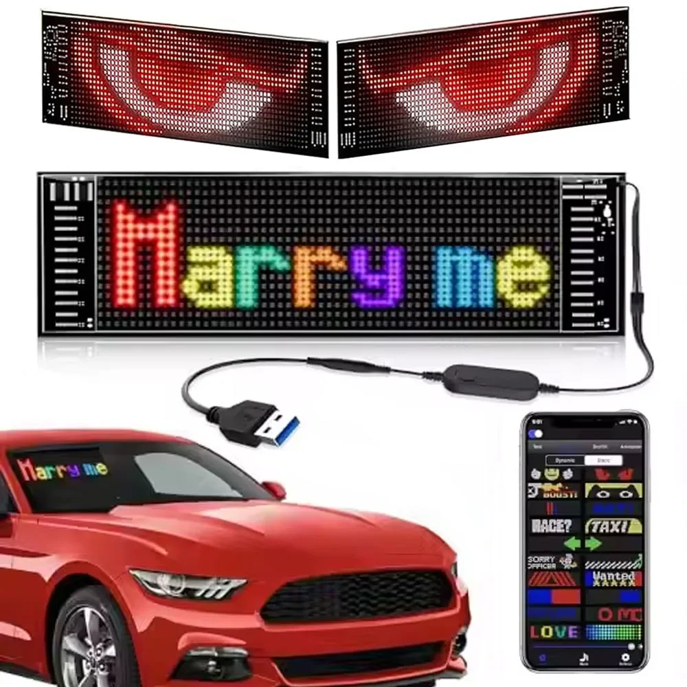 Display de rolagem programável diy do sinal do carro do diodo emissor de luz, painel flexível da matriz do diodo emissor de luz de usb 5v, animação personalizada do padrão do texto do controle do aplicativo