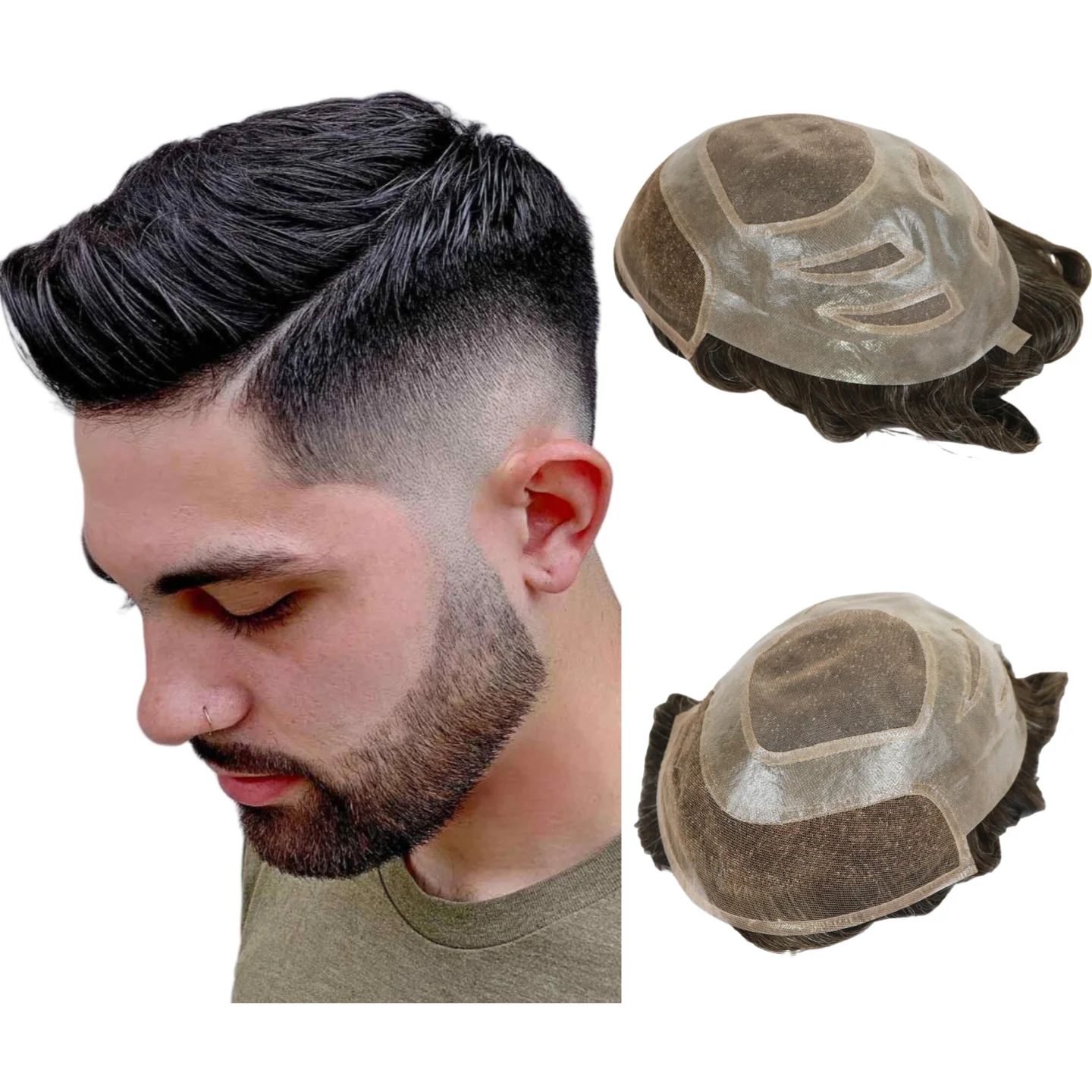 

Mono Filament Top Men Toupee 100% Human Hair Replacement System Skin Base For Realistic Look Pre-cut To Size Ready To Wear