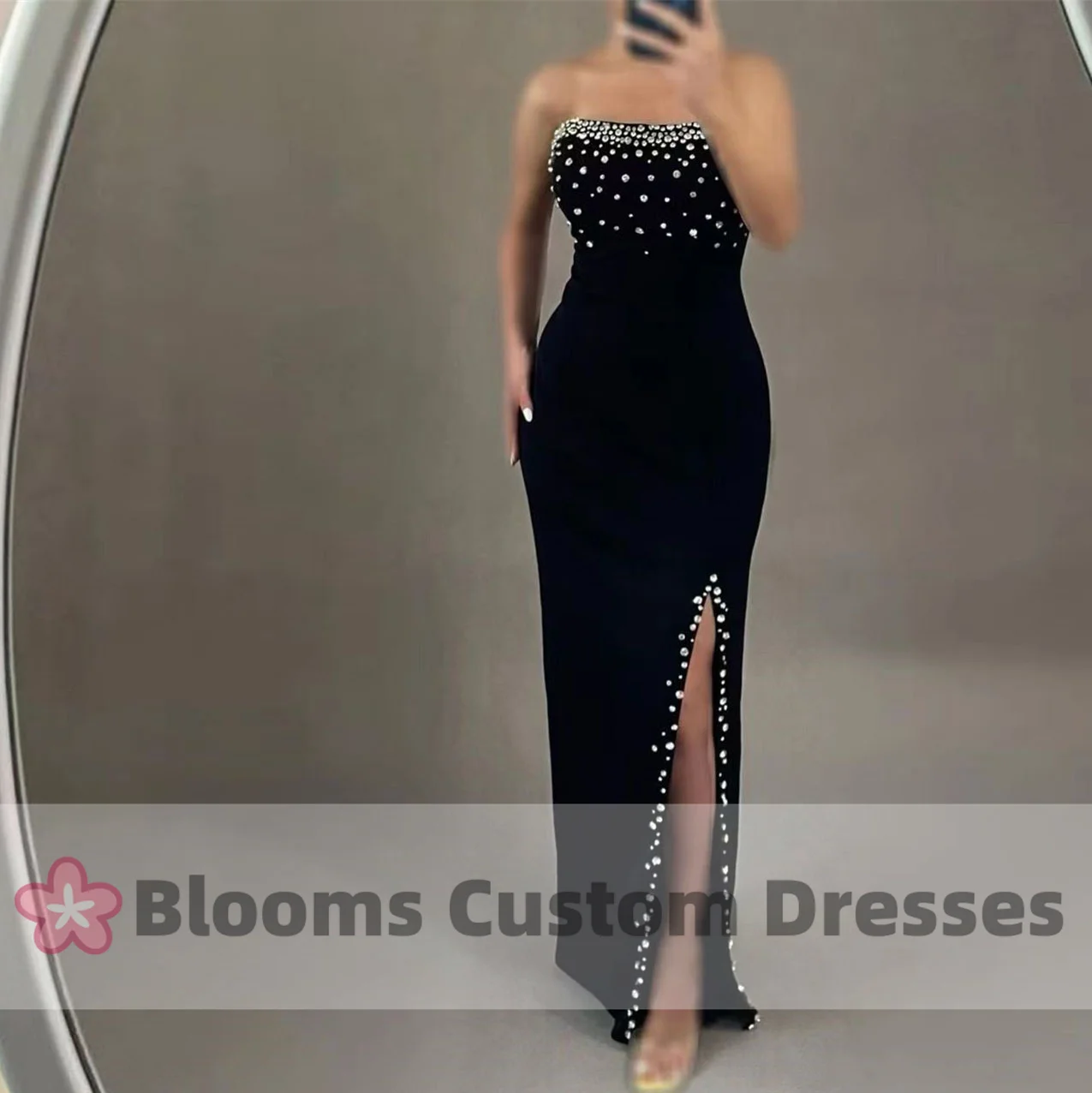 

Blooms Black Sleeveless Beads Prom Dresses Side Slit Strapless Elegant Women Evening Dress 2024 Long Wedding Formal Party Gown