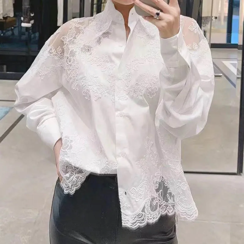 Designer Women White Cotton Lace Flower Embroidered Shirt Classic Long Sleeve Single Breasted Lapel Blouse Runway Fashion Tops