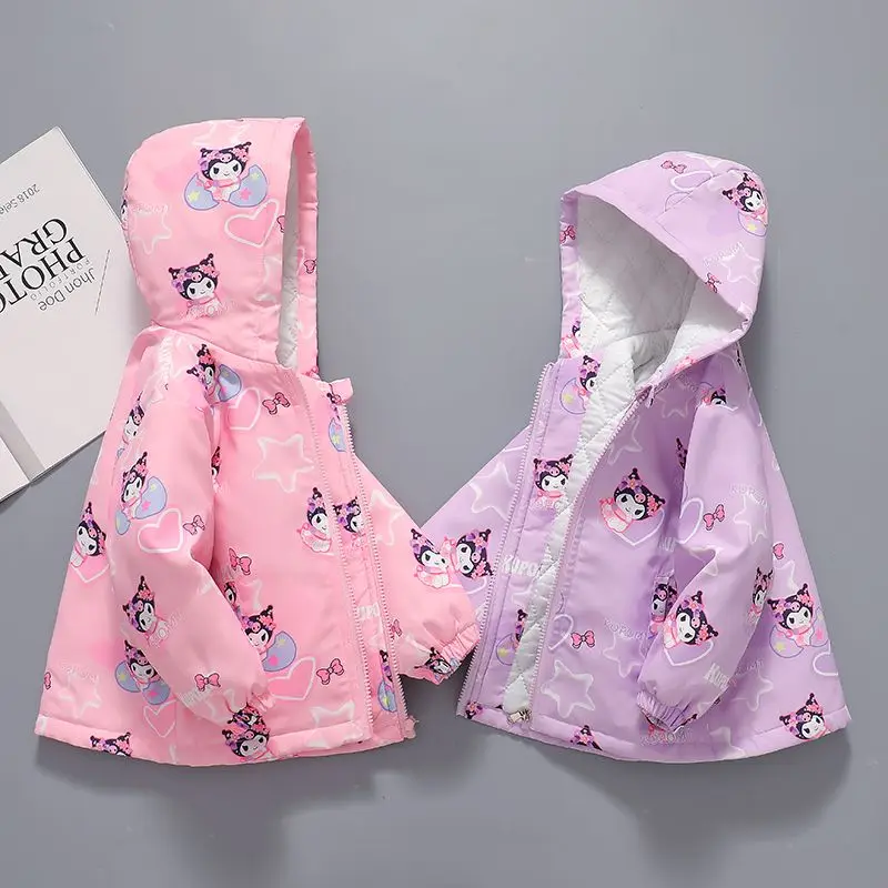 

2025 Autumn Children Cotton Padded Thickening Hooded Jackets Baby Girls Sanrio Kuromi Zipper Warm Outerwear Fashion Kids Clothes