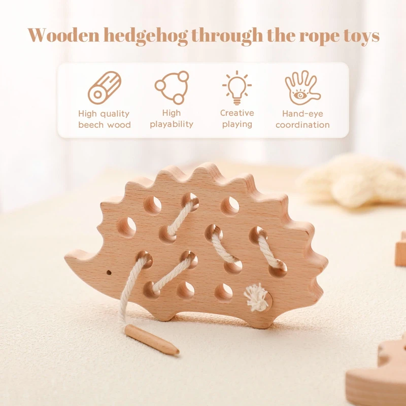 Baby Wooden Montessori Threading Blocks Toy Beech Wooden Hedgehog Board Creative Toy Hands-on Ability Educational For Kid Gifts