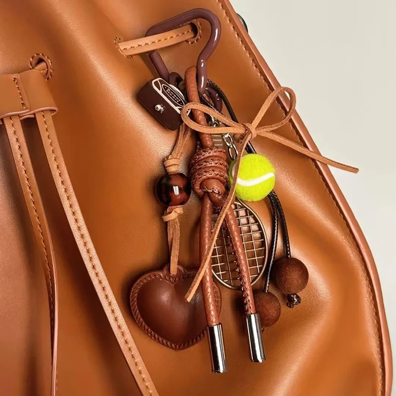 Y2k Vintage Brown Leather Bow Heart Pendant Fashion Tennis Keychain Ins Braided Lanyard Keyring For Women Bag Pendant Charms