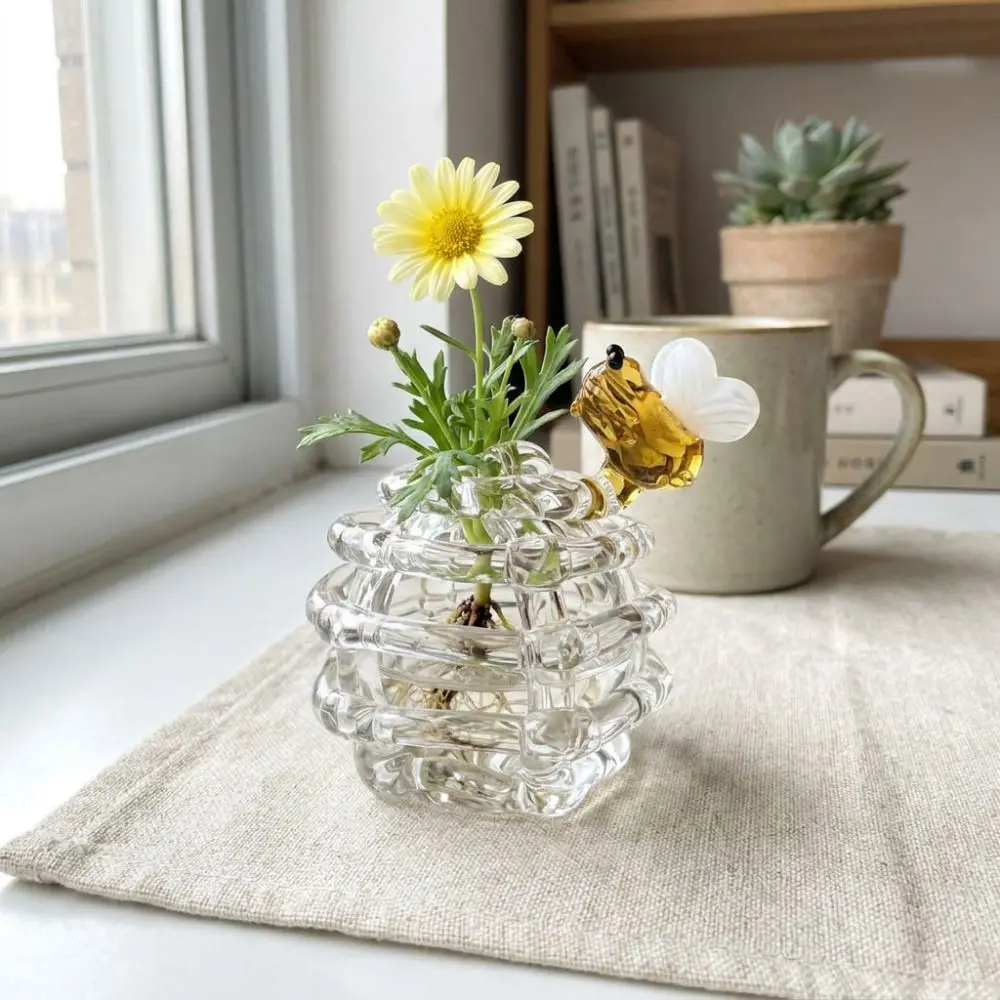 Transparent Small Glass Ball Vase Unique Bees Shaped Flower Arrangement Vase with Base Minimalist Handmade Art Vase Home Decor