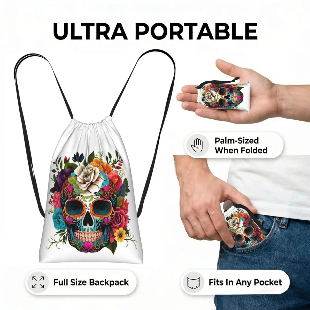 Skull Print Horror Skeleton Death Drawstring Backpack Sports Gym Bag Portable Travel Drawstring Bag for Men Women