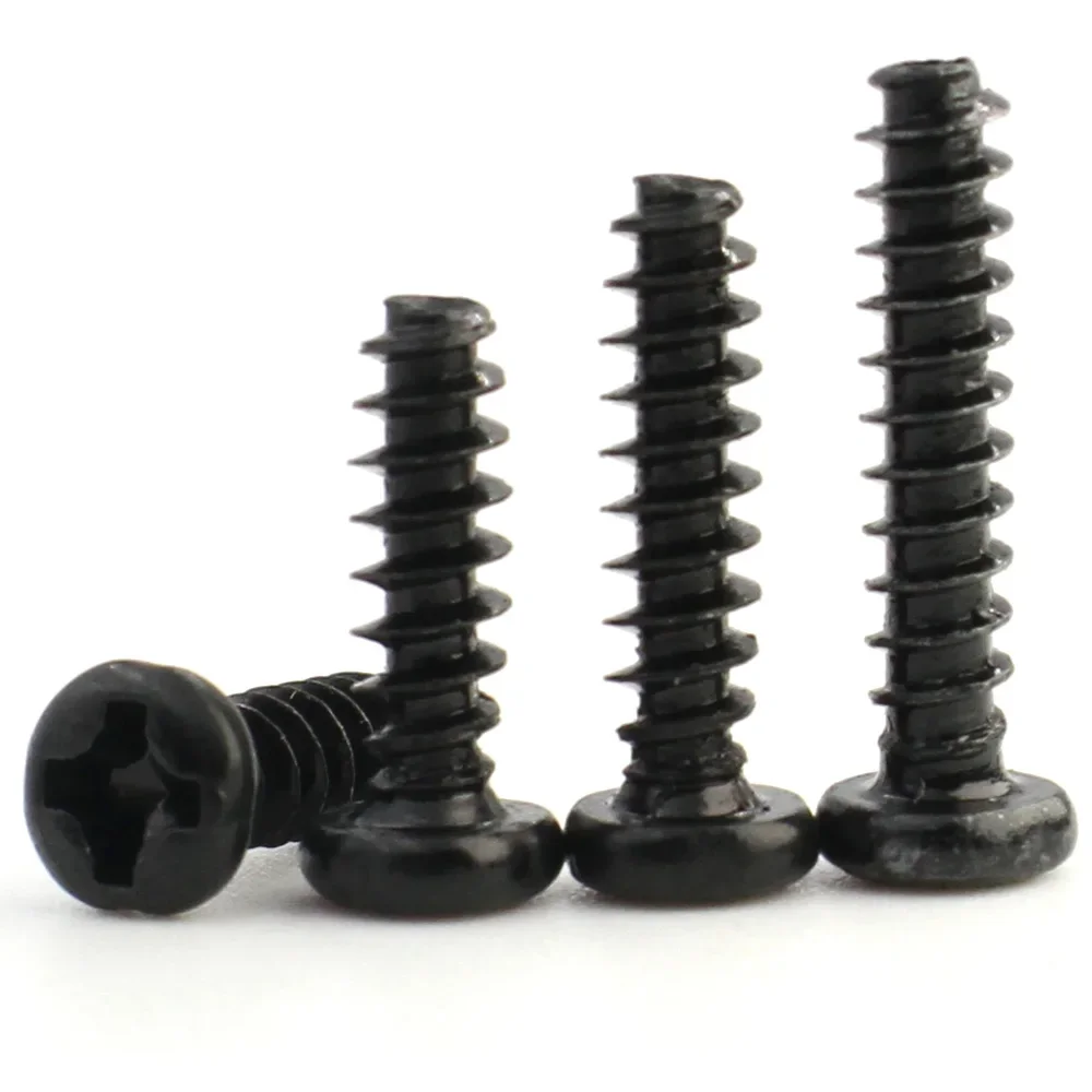 100pcs M1 M1.2 M1.4 M1.7 M2 M2.3 M2.6 M3 M3.5 M4 M5 Black Carbon Steel Phillips Cross Recessed Pan Head Self-tapping Screw