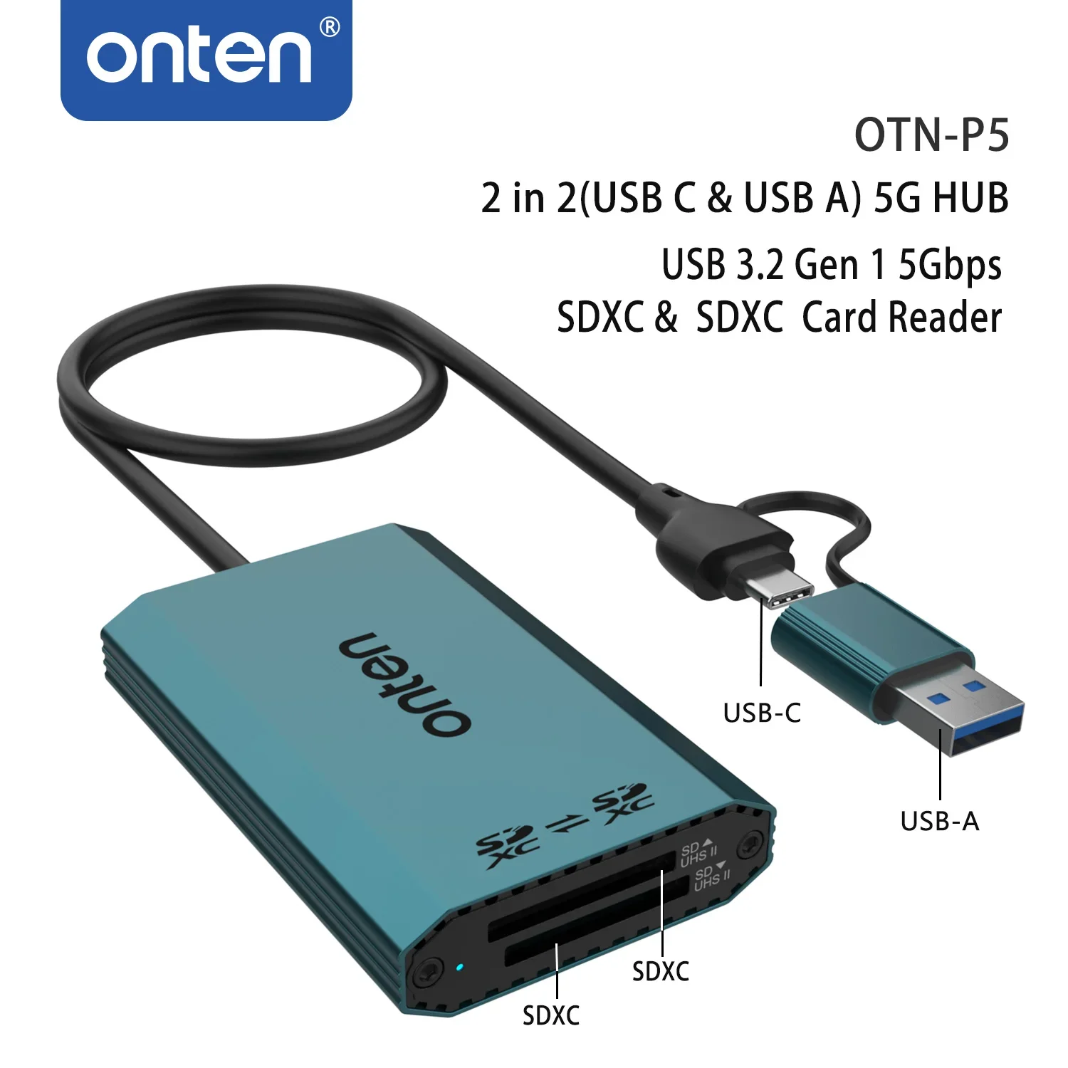 OTN-P5 2 en 2(USB C y USB A) 5G HUB USB 3,2 Gen 1, 5gbps, SDXC y SDXC, lector de tarjetas