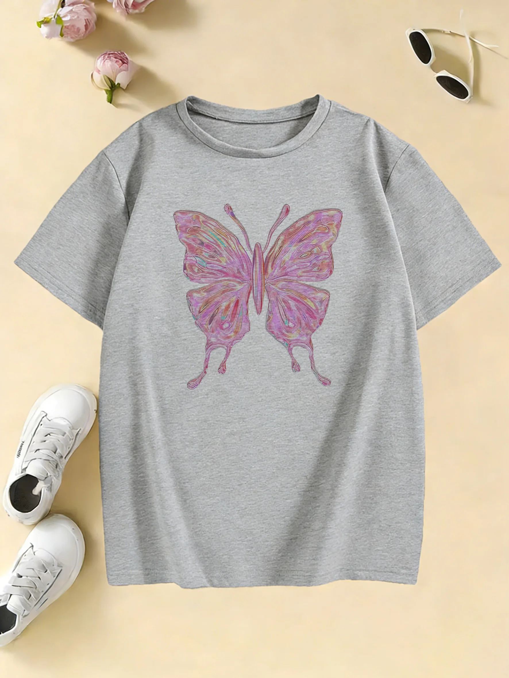 Fashion Pink Color Butterfly T Shirts Y2k Graphic Kids Children's T-shirt Boys Girls Summer Spring Casual Top Tee Shirt