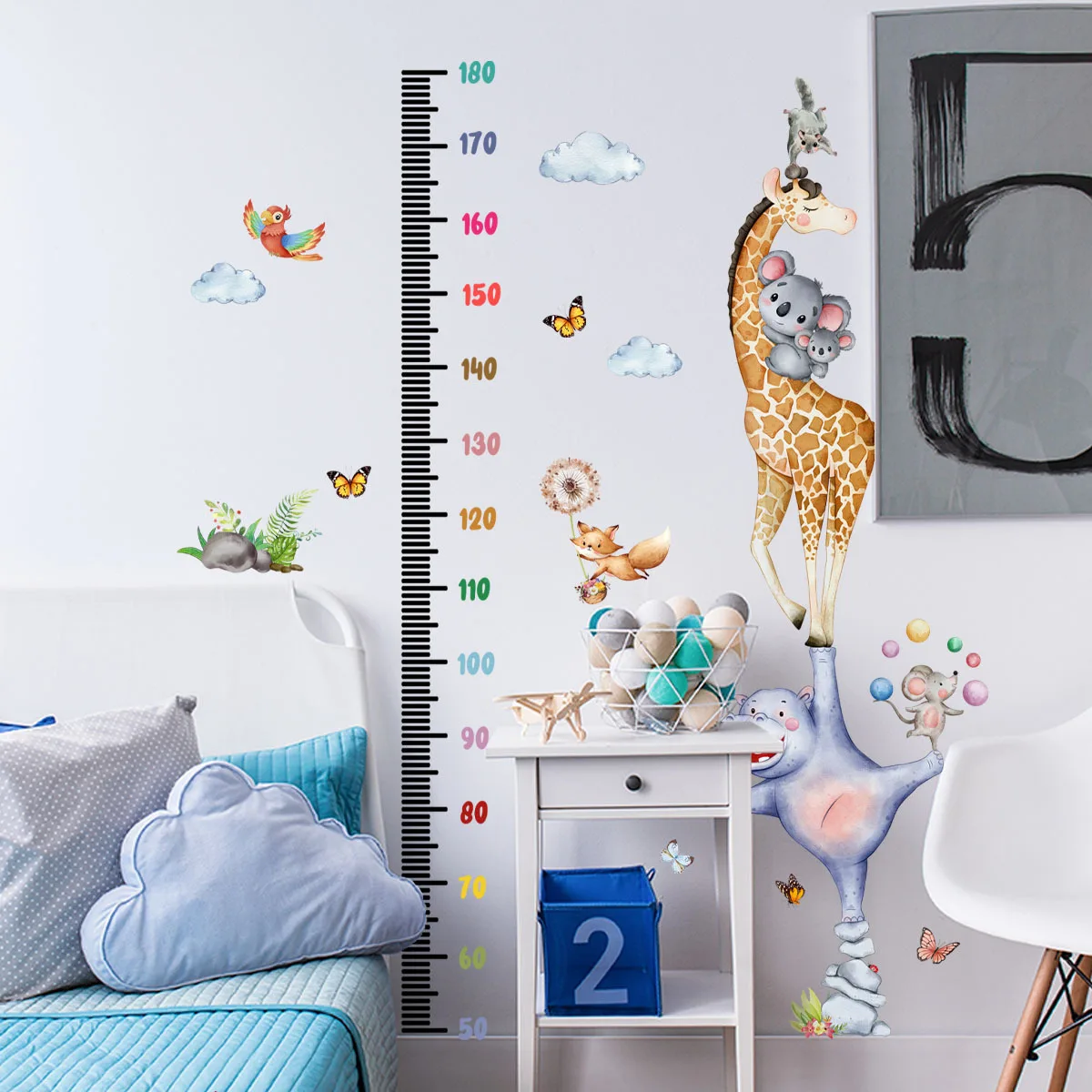 Watercolor Giraffe Hippo Animals Growth Chart Wall Stickers, Removable Kids Height Chart Decal for Nursery Bedroom
