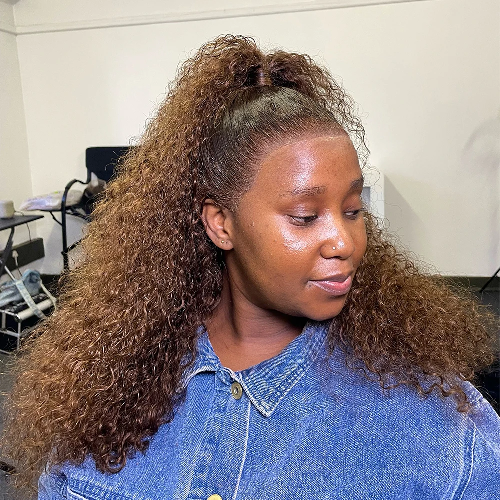 Parrucche di colore marrone riccio crespo Parrucca di densità 300/400 13 × 4/13 × 6 Parrucche frontali trasparenti Glueless HD 30 36 pollici per le donne indossano e andare