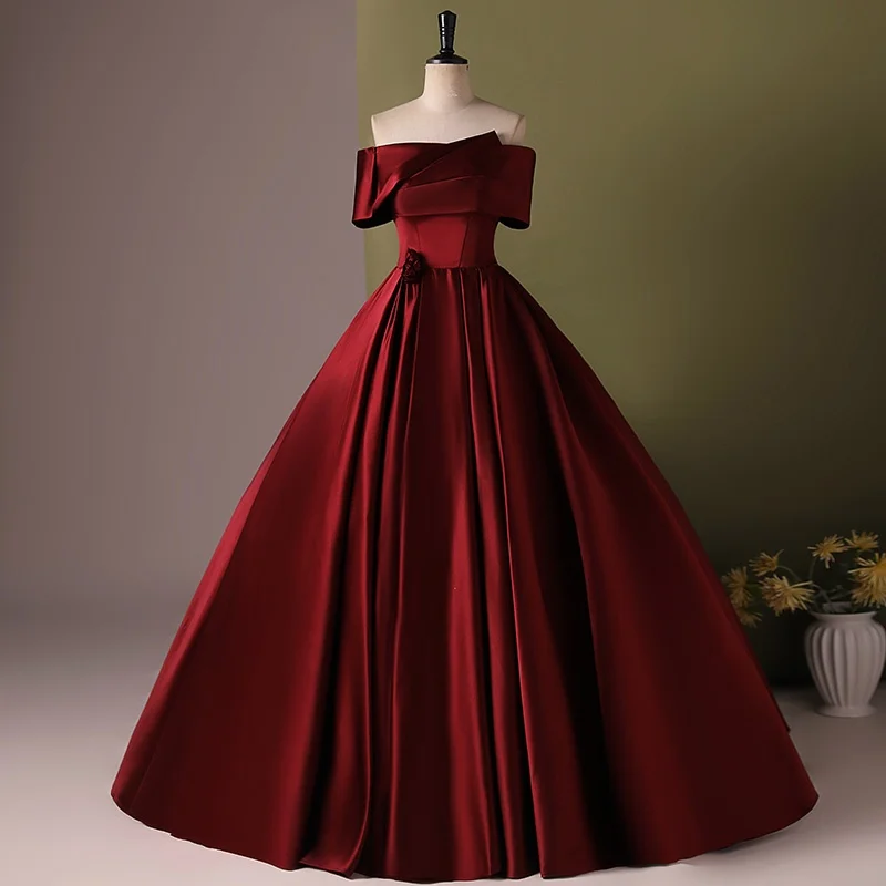 

Красное свадебное платье из атласной ткани для вокальных выступлений, танцевальных экзаменов, корейское короткое платье с длинной юбкой, бальное платье