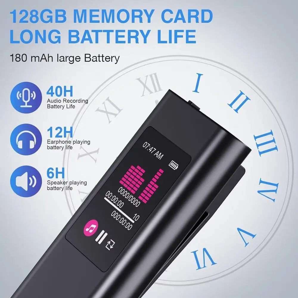مسجل صوت رقمي سعة 128 جيجابايت، تقليل ضوضاء الذكاء الاصطناعي لمدة 1600 ساعة، مسجل صوت منشط قابل لإعادة الشحن مع تشغيل، صوت مشغل MP3 #2