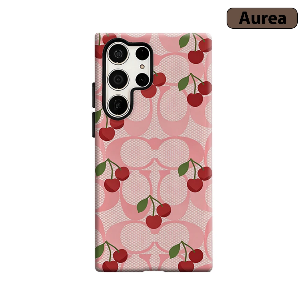 Luxury Cherry Monogram Phone Case for Samsung Galaxy S26 S25 Ultra S24 S23 Ultra Plus Shockproof Double layer tough Back Cover