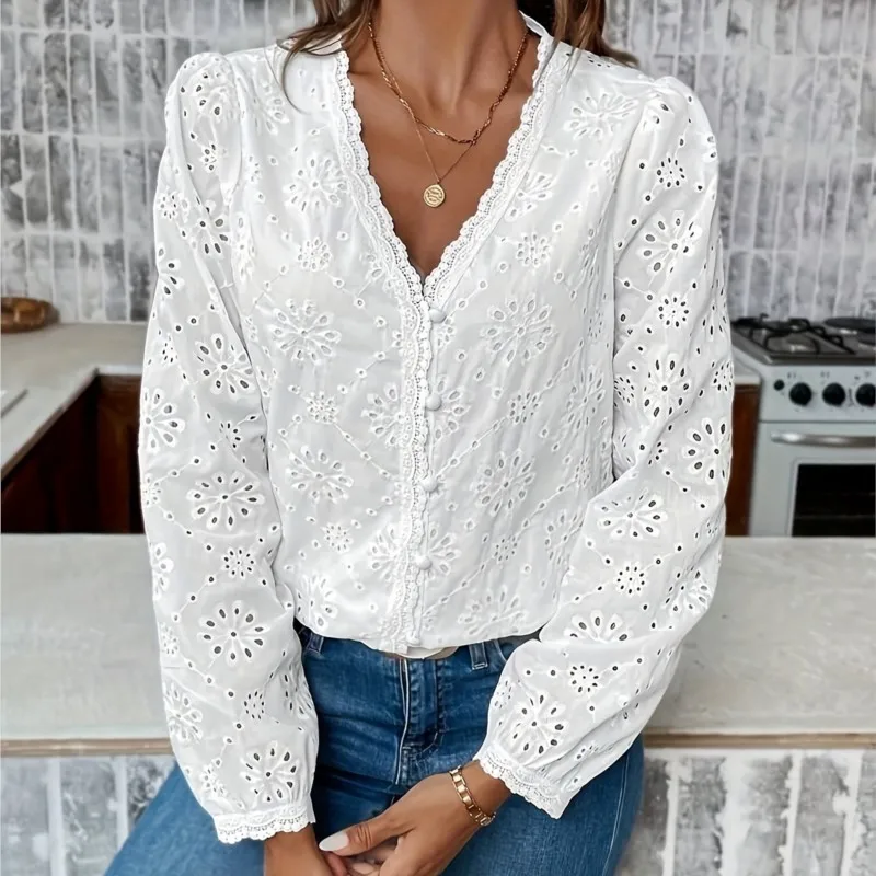 2025 neue Frauen Bluse Elegante Büro Tops Casual Langarm Shirt Frühling Herbst V-ausschnitt Spitze Button Up Weiß