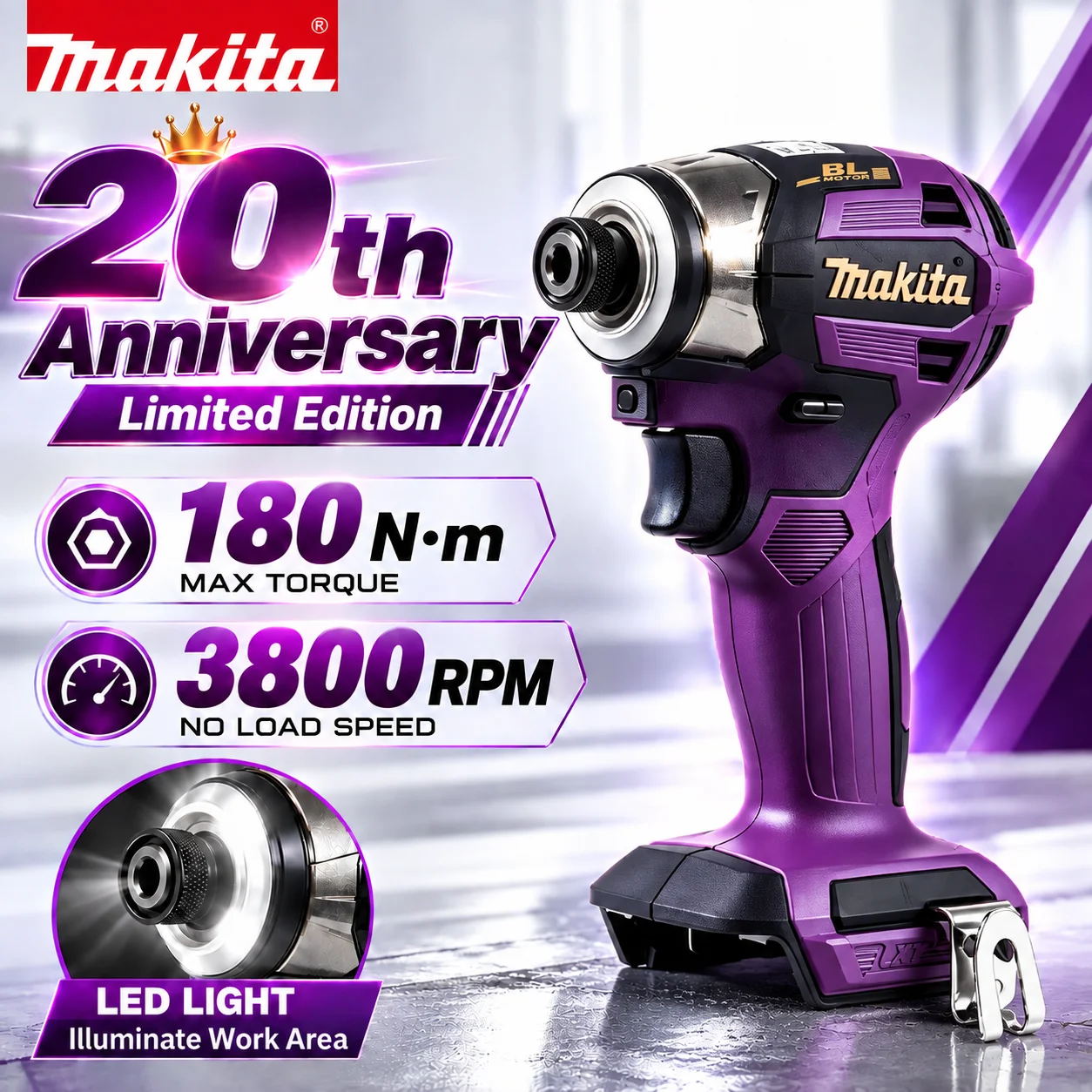 Makita DTD173 20th Anniversary Limited Edition Brushless Impact Driver 18V Cordless 180Nm Premium Purple Power Tool for Woodwork