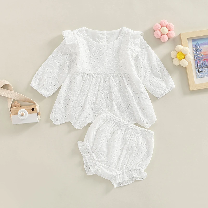 Toddler Baby Girl Clothes Set Solid Color Cutout Round Neck Long Sleeve Dress Tops+Elastic Casual Ruffle Shorts Sunsuits Outfits