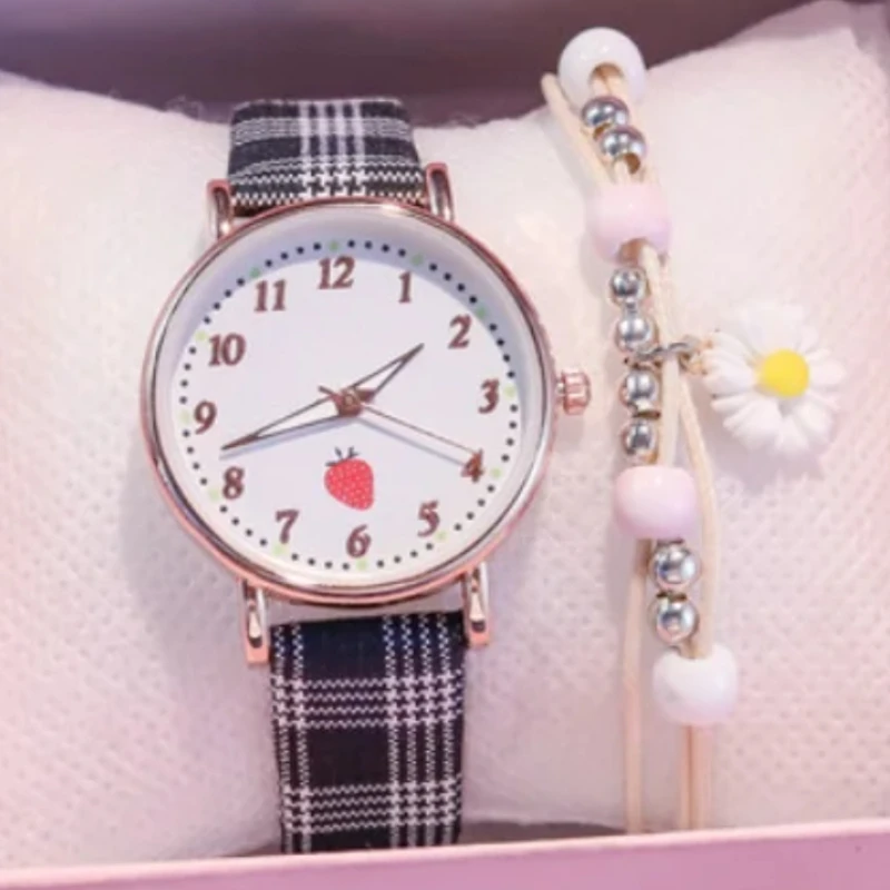 Fashion Plaid Women Watch Set 2Pcs Cute Strawberry Ladies Wristwatch Daisy Flower Bracelet Woman's Quartz Clock Simple Reloj