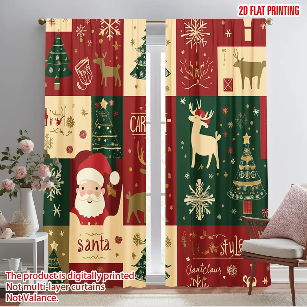 2pcs,2D plane printing Pattern Curtains Christmas Tree Snowflakes Santa (3) Durable 100% Polyester Fabric (without rod)