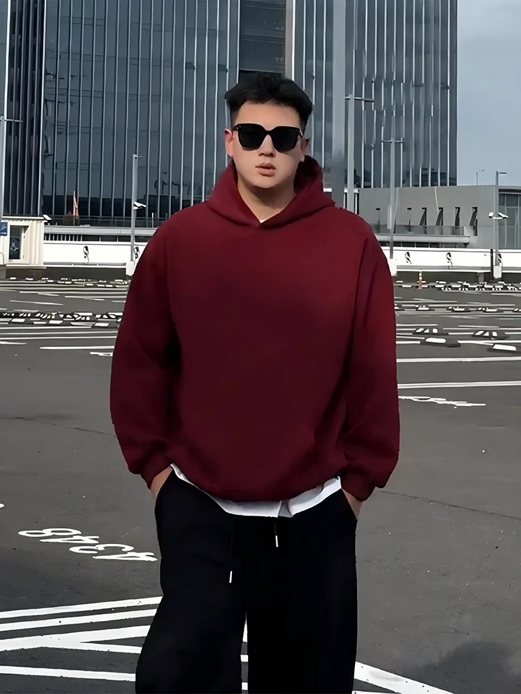 

American Retro Oversize Hoodie Red Men's Casual Outerwear Hard And Stiff Youth Trend Polyester Cotton Blend Autumn Jaet
