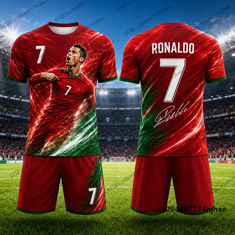 2-teiliges Outfit Kinder-Trainingsanzug Fußballtrikot Ronaldo # 7 T-Shirt + Shorts Set, Freizeitanzug, Sportbekleidung für Kinder/Erwachsene – Detail 10