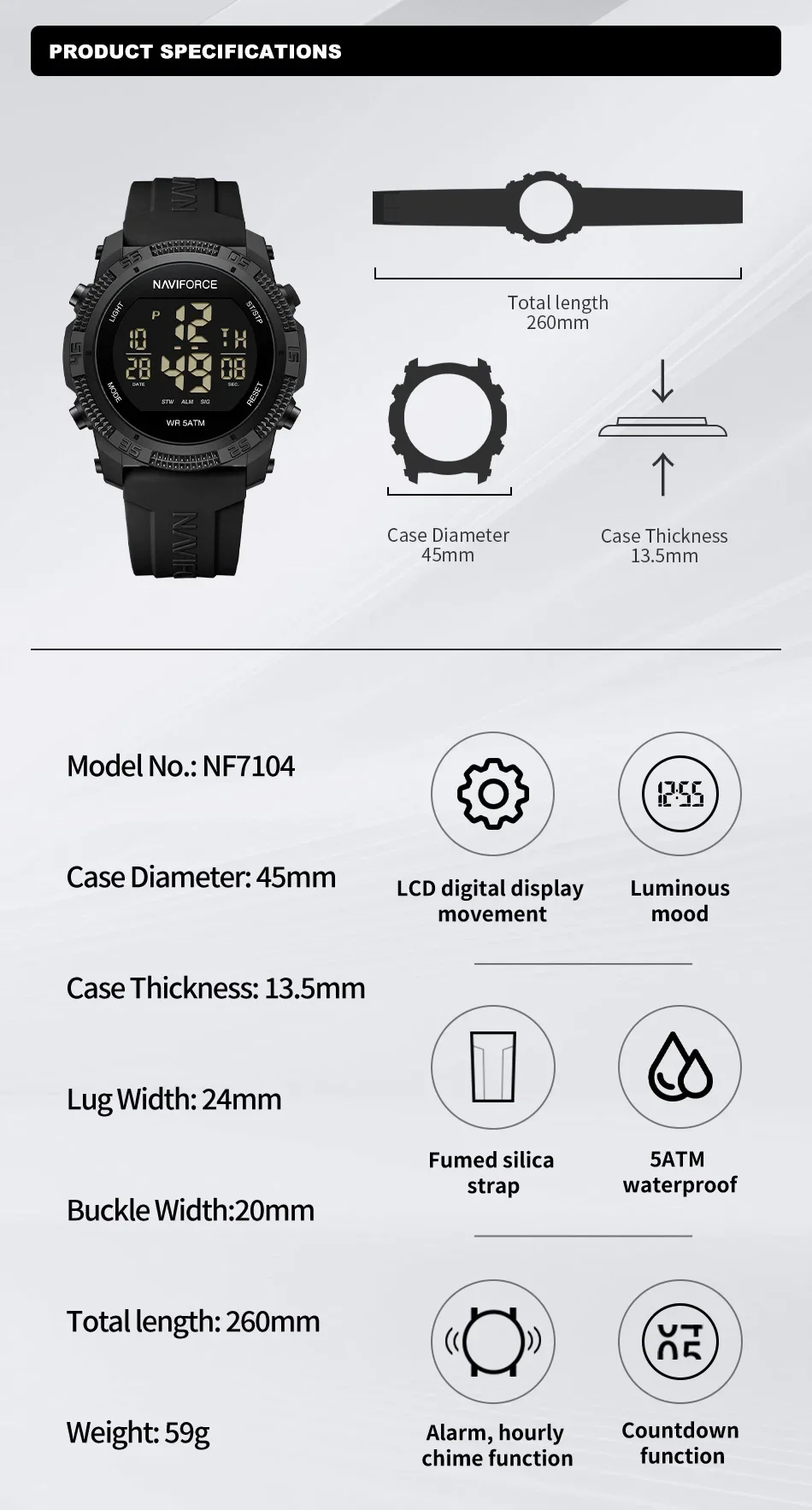 NAVIFORCE NF7104  Men's LCD Digital Casual Date and Week Alarm Waterproof Silicone Strap Electronic Watch