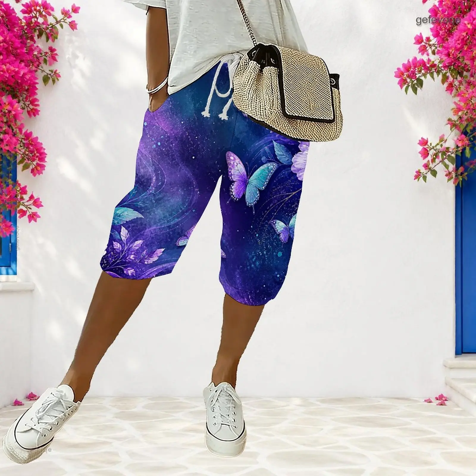 Women Purple Blue Galaxy Butterfly Floral Printed Drawstring Knee Length Shorts with Side Pockets