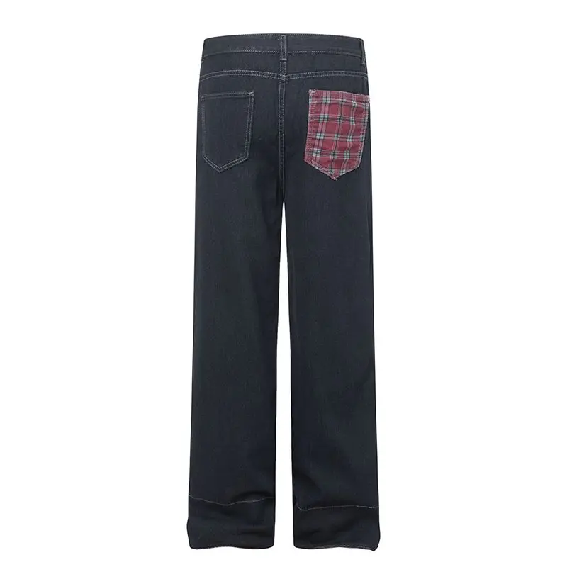 

CioCoin American Plaid Splicing Jeans Loose Wide Leg Straight Loose Drape Casual Pants Men's Women's Retro Casual Trousers