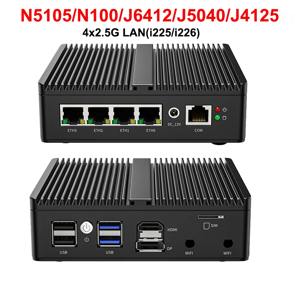 Fanless Intel N100 Industrial Mini Computer 4G SIM 4x2.5G LAN PfSense Firewall Soft Router Celeron N5100 N6000 Home Office PC