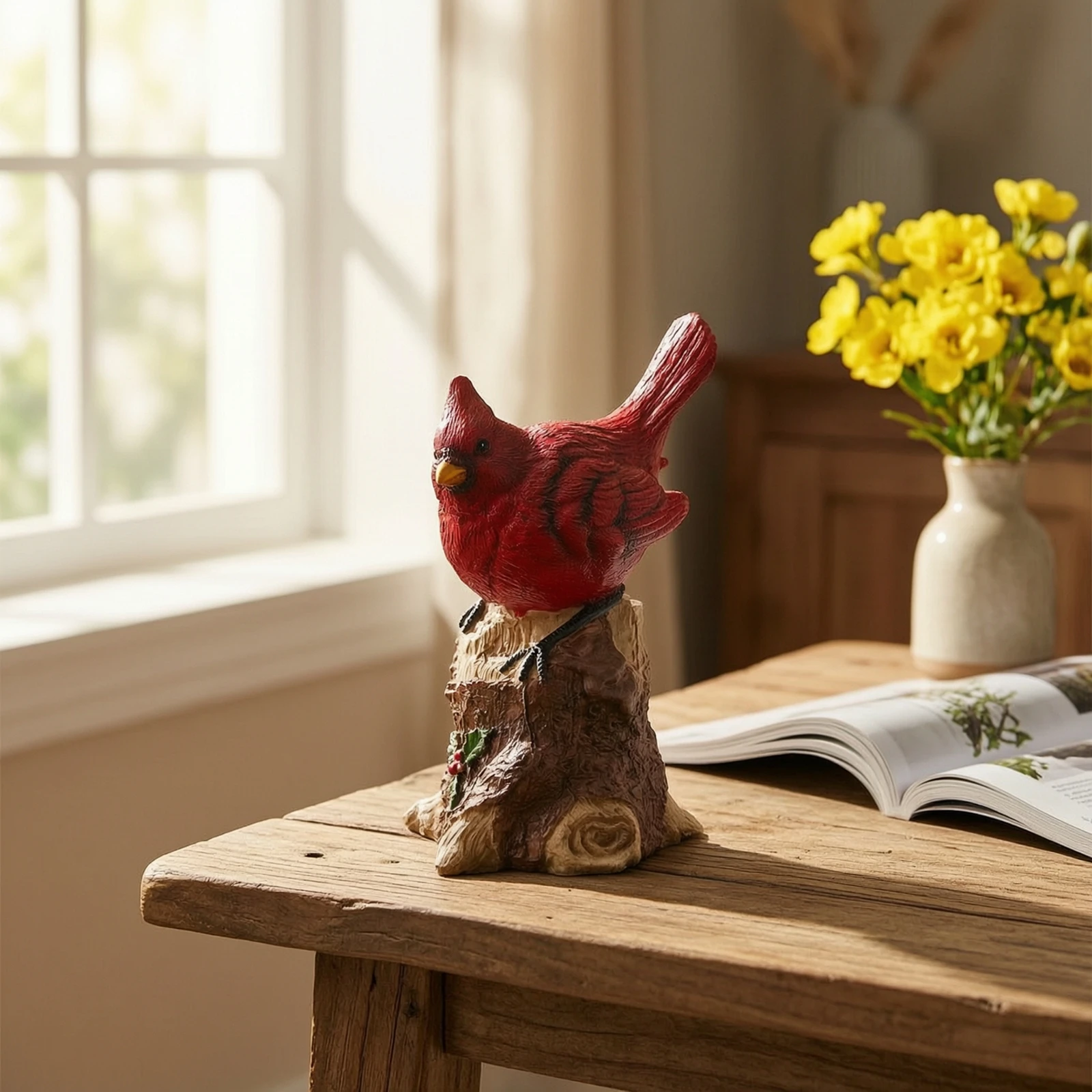 Cardinal Bird Ornament Textured Tree-Stump Bird Ornament Home Decoration Animal Craft Decorative Piece Waterproof