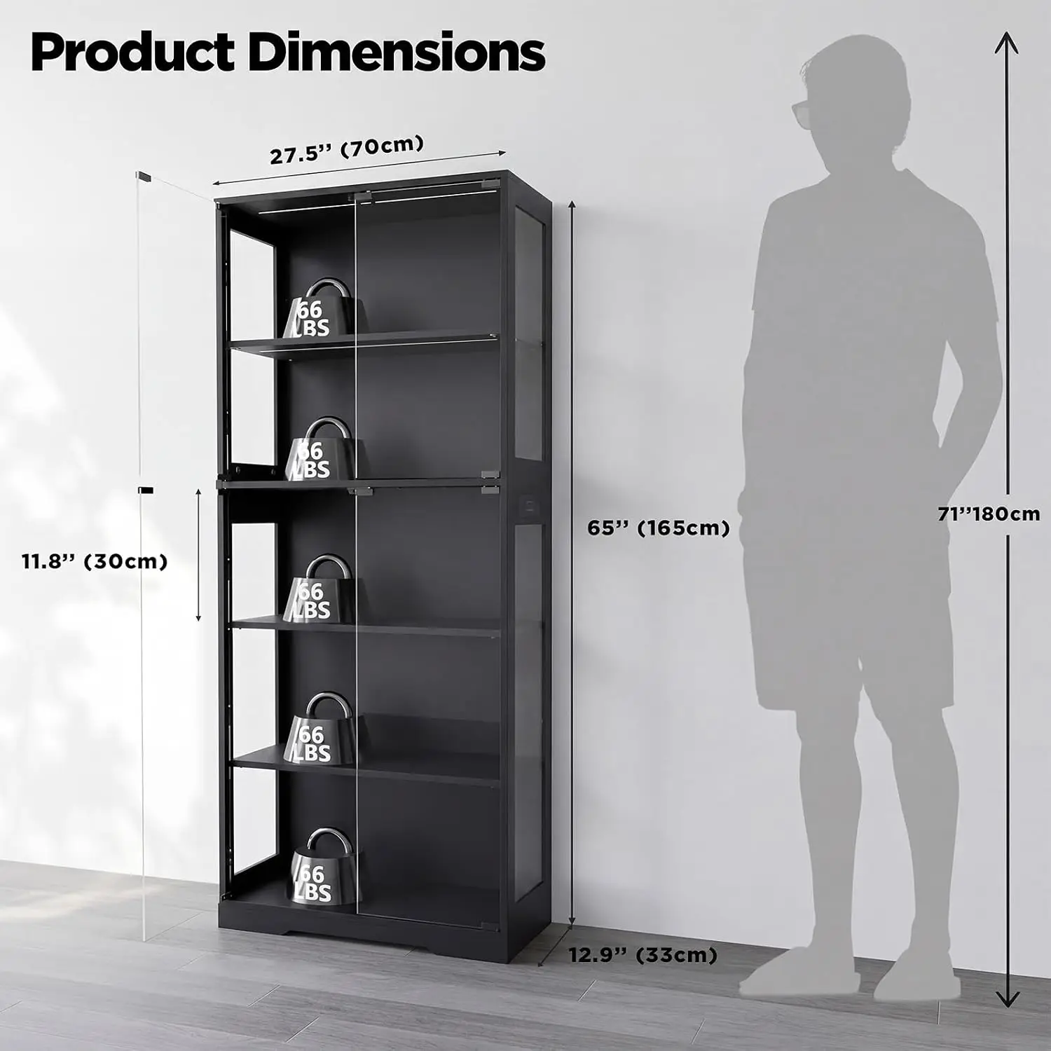 5-Tier Glass Display Cabinet, LED & Motion Sensor, for Collectibles, Living Room, Bedroom, Office, Wood, Customized