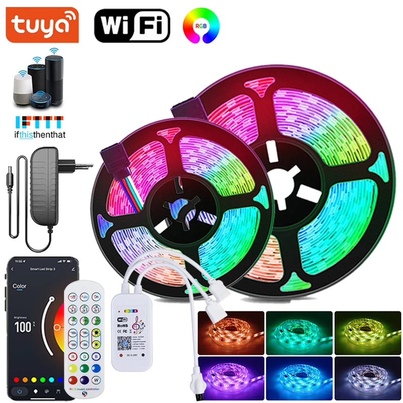 Luzes de tira led wifi rgb 220v tuya 10m inteligente 5050 rgb led fita luz sincronização música rgb luzes led tira parede decoração do quarto