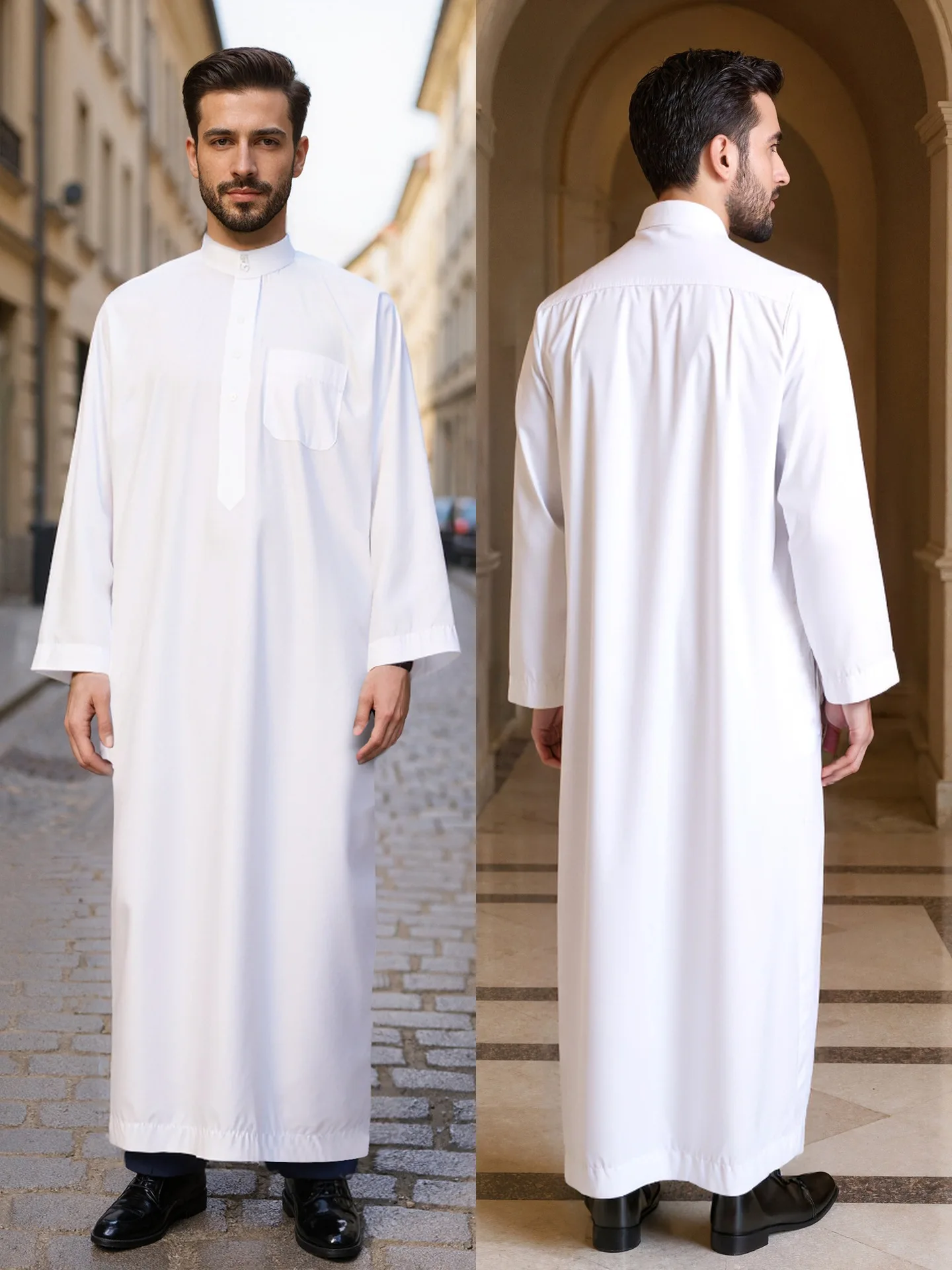 Jubah Panjang Pria Bahan Polyester, Jubah Kerah Tegak Gaya Qatar, Desain Saku, Pakaian Pria Arab dan Timur Tengah, Tersedia dalam