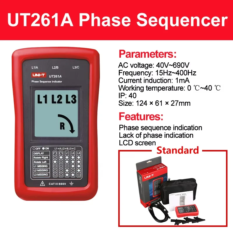 UNI-T UT261A UT261B 3 Phase Sequence Meter Phase Missing Motor Rotation Indicator AC Voltage Frequency Phase Sequence Detector