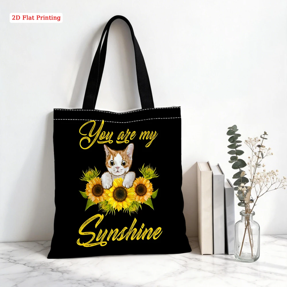 1pc Casual Shoulder Bag Black Cute Cat And Sunflowers You Are My Sunshine Print Tote Bag For Daily Shopping Travel Work Study Li