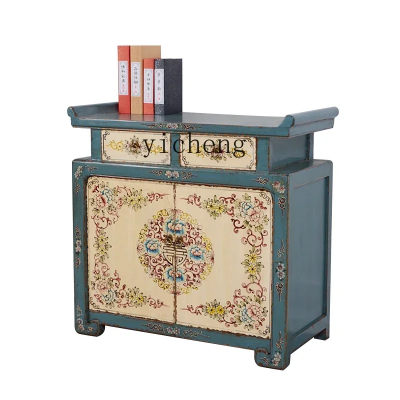 

XC Furniture Solid Wood Distressed Painted Hallway Cabinet Ming and Qing Vintage Storage Blue Warped Head Sideboard Cabinet