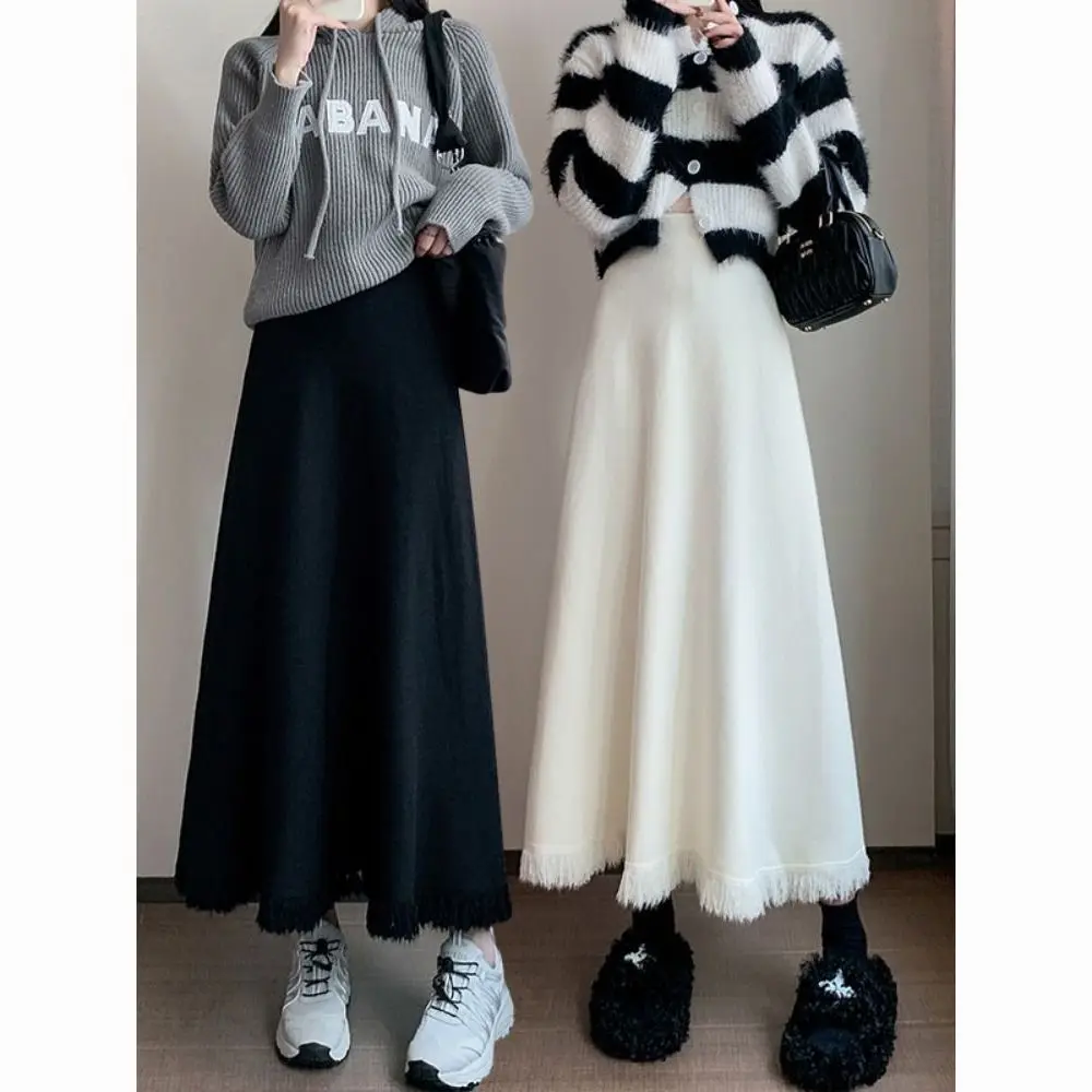 

Knitted Skirts Women Solid A-line Tassel Autumn Winter Loose All-match Chic Elegant Empire Graceful Daily Female E2102