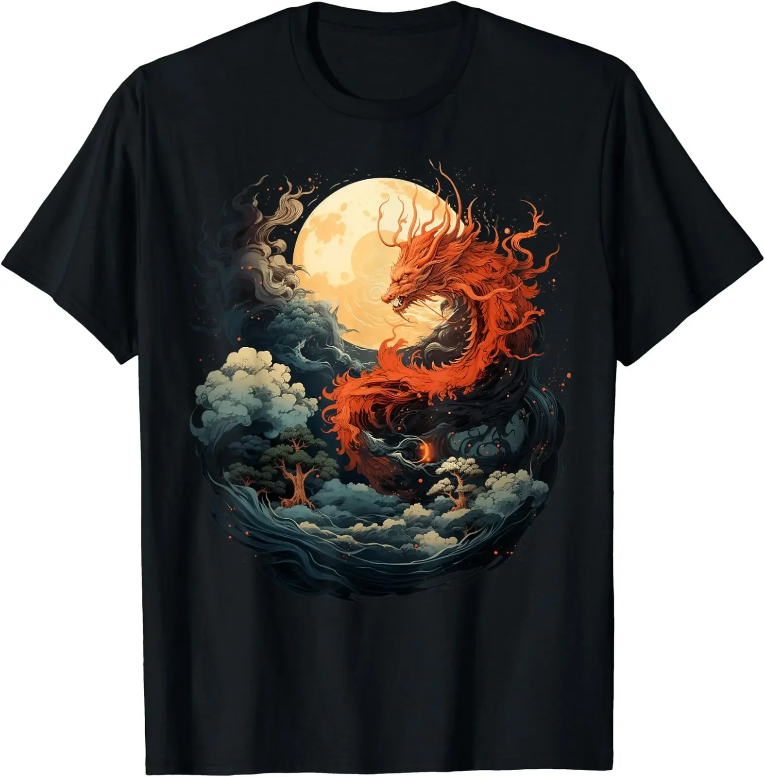 Japanese Aesthetic Dragon Waves Moon Vintage T-shirt Size S-5XL