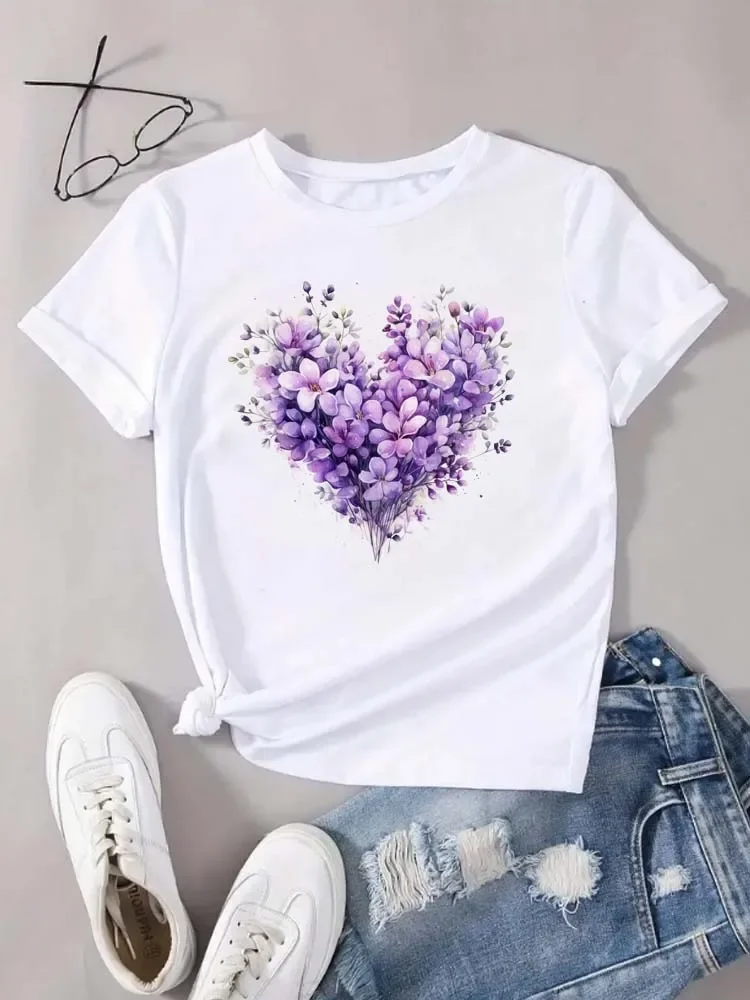 여름 신상 하트 플로럴 패턴 프린팅 티셔츠 여성 의류 라운드 넥 반팔 티셔츠 탑스 티즈 미학 의류
