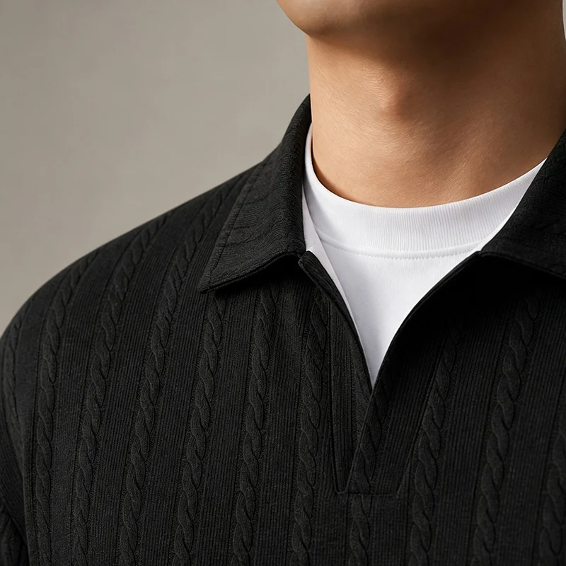 Übergrößen Herren Sweatshirt Schwarz, Zweiteiliges Design, Langarm Poloshirt, 5XL 6XL 7XL, 100-180kg, Große Größen Kleidung – Detail 5