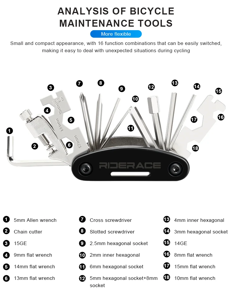 RIDERACE Bike Multi Tool 18 in 1 Portable Chain Splitter Cutter Hex Spoke Wrench Screwdriver Multitool For Bicycle Repair Tools