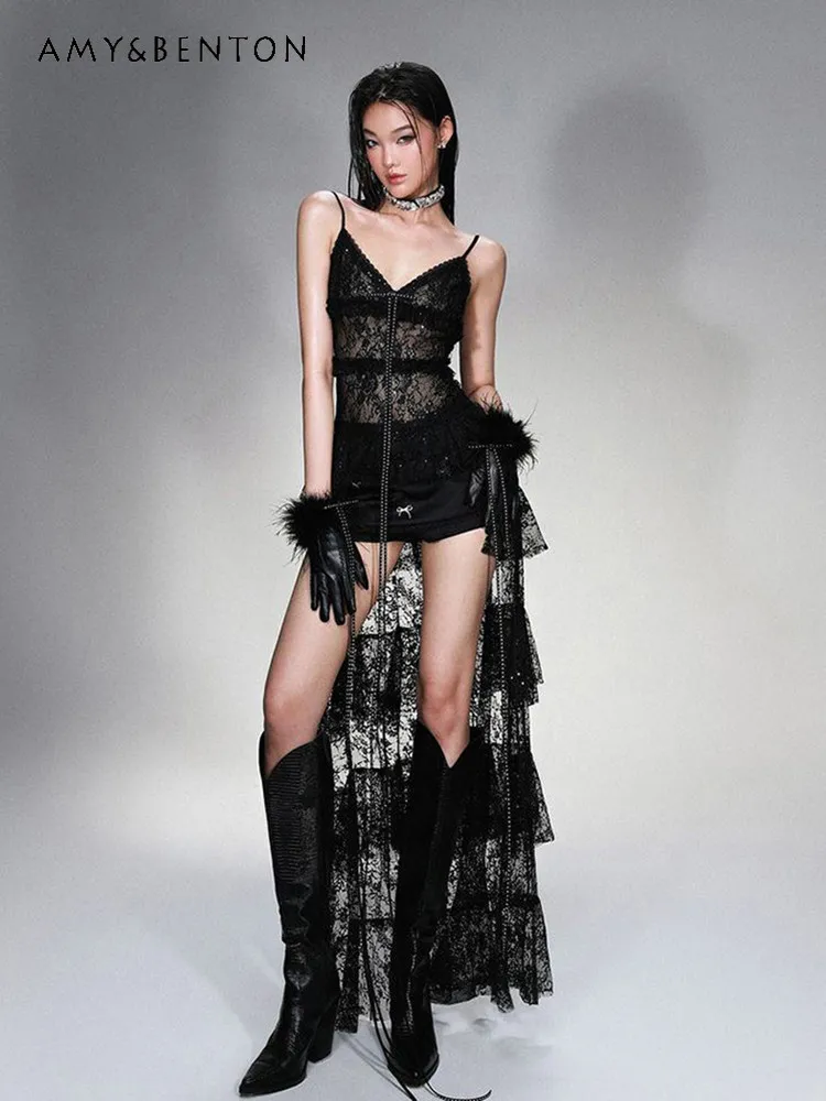 

Летнее Новое Платье в Готическом Стиле для Женщин: Короткое, с Кружевными Вставками, V-образным Вырезом, на Бретельках, Черное, Многослойное, с Завышенной Талией и Длинным Шлейфом