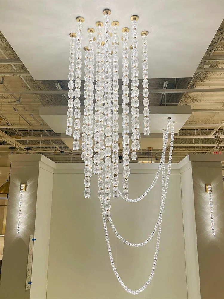 2026 Trendy Gold Chrome Black Diamond Drop Necklace Dimmable Led Pendant Light Hanging Lamps Lustre For Living Room Staircase