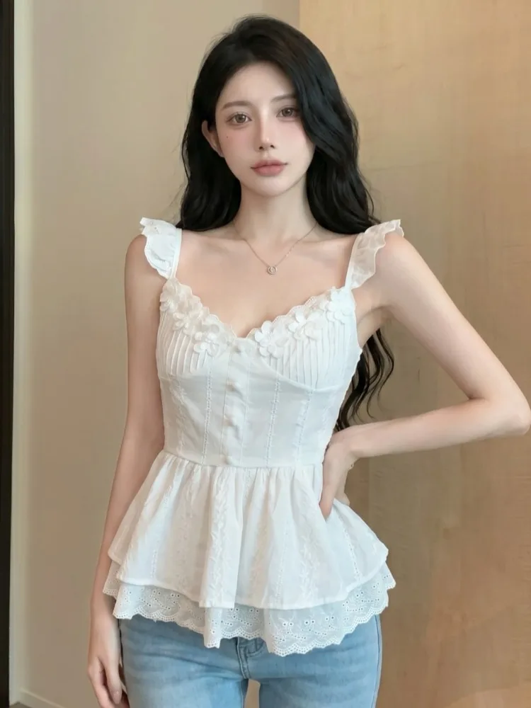 

Korean Style Embroidered Lace Floral Heavy Work Vest Women Summer Waist Cinching Slimming Fluffy Skirt Bounce Top Sleeveless