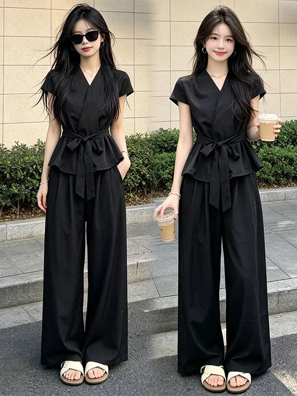 Fashionable Slimming Waist Design Casual Women's Two-Piece Set High Waist Wide Leg Pants V-Neck T-Shirt Short Sleeve Button up