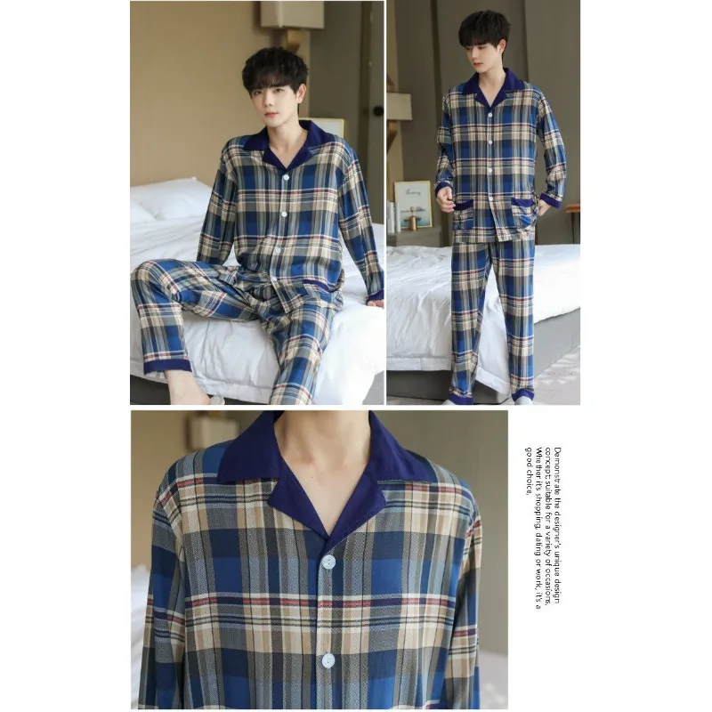 Pajama Men Long-sleeved Cotton Silk Spring Autumn Sleepwear Artificial Cotton Thin Young Middle-aged Plus Size Home Service Suit