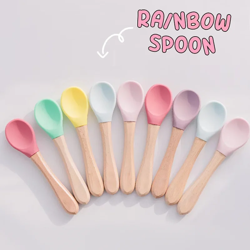 2/1PCS Baby Wooden Spoon Fork Silicone Baby Feeding Spoon Learn To Eat Children's Tableware Toddlers Infant Feeding Accessories