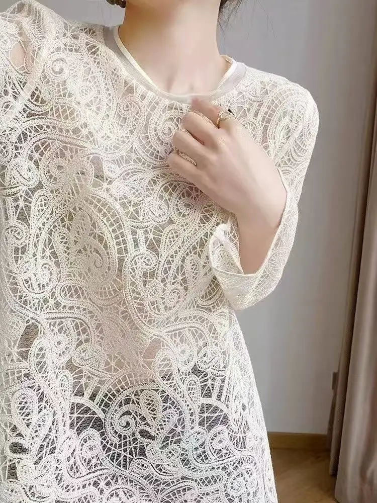 

Spring Autumn Fine Spun Wool Sweater Casual round Neck Pullover Lace Hollow Bottom Slim Fit Blouse Jumper for Women